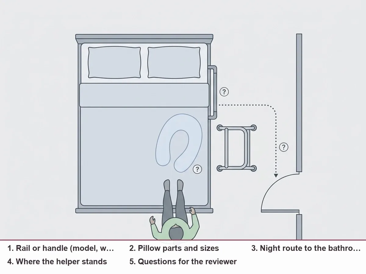 Illustration of a bed from above with a grab rail on one side, a transfer aid parked nearby, a pregnancy pillow outline, a dotted helper path and question marks at the points to check