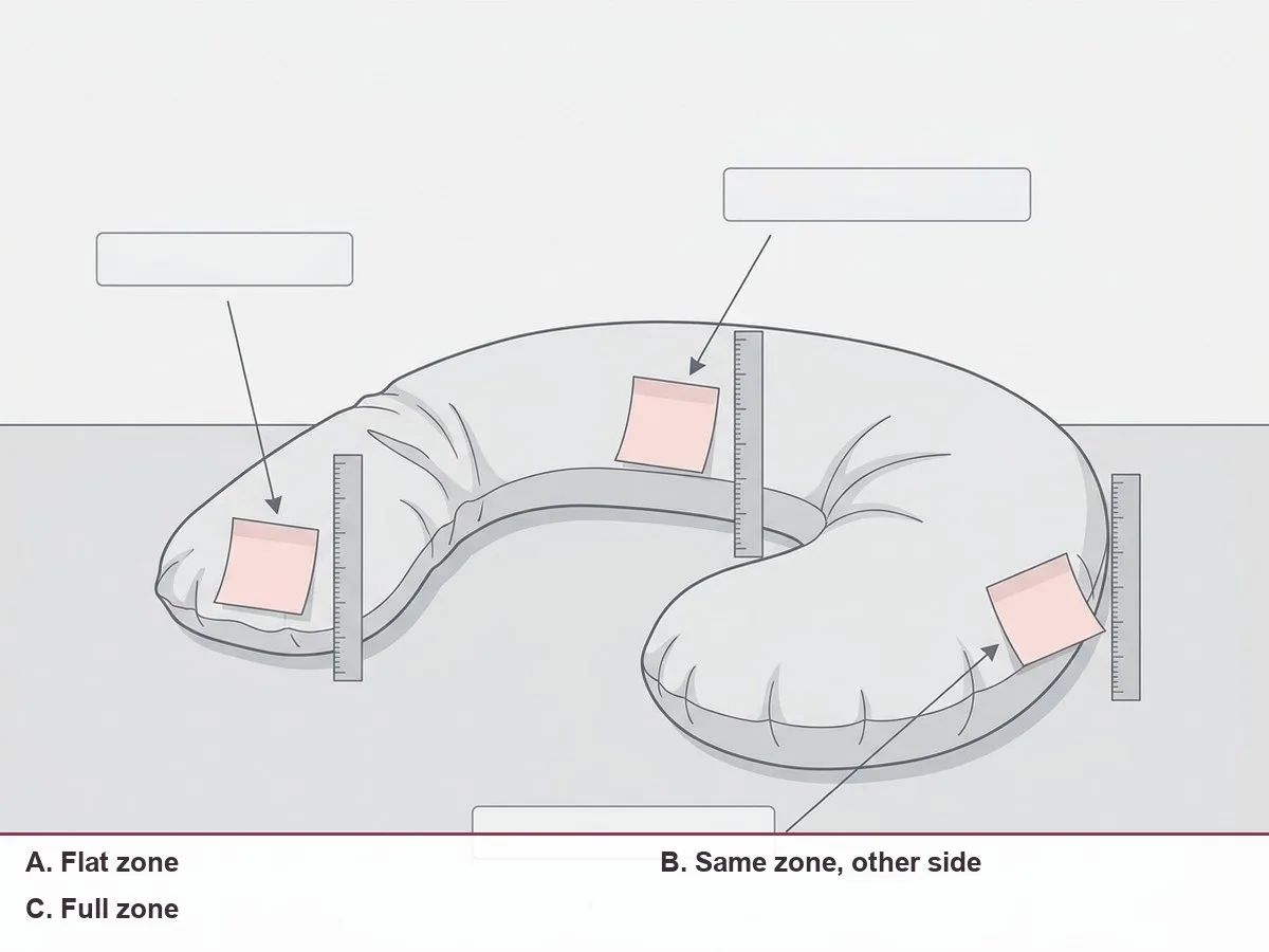 Illustration of a pillow lying flat with three zones marked and a ruler standing beside each zone