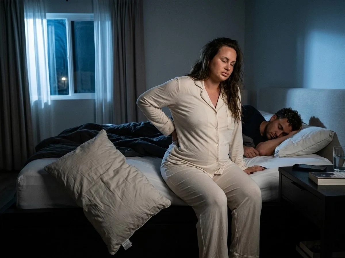 Night, pregnant woman sitting up in bed rubbing her lower back, a pillow pushed under one hip has slid to the edge of the mattress
