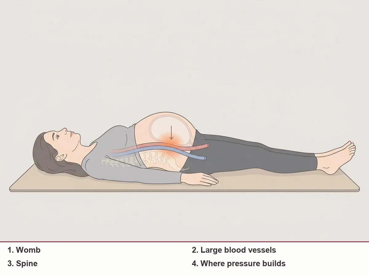 Side view illustration of a pregnant woman lying flat on her back, with the womb shown pressing down on the large blood vessels that run along the spine