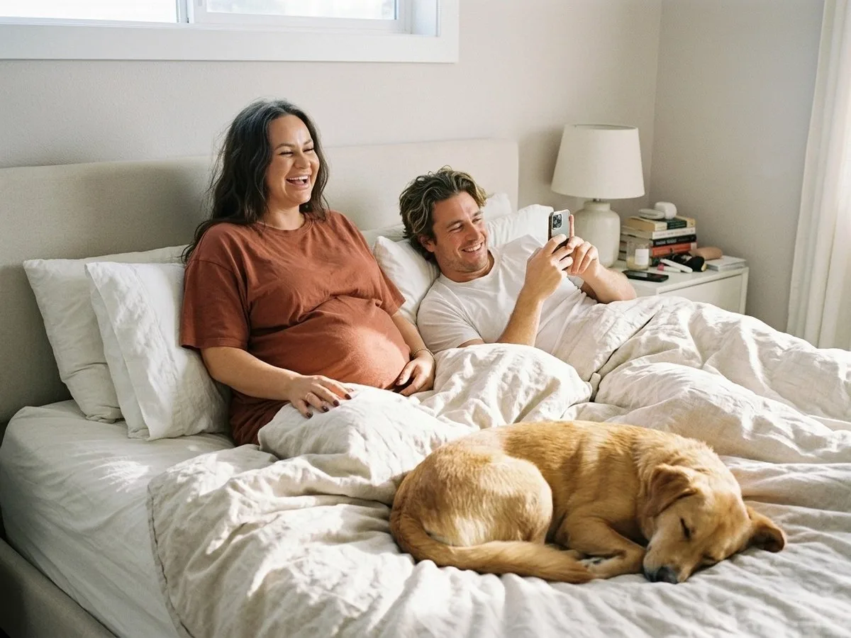 Sunny morning, pregnant woman sitting up in bed laughing next to her partner, with a medium-size dog curled at the foot of the bed