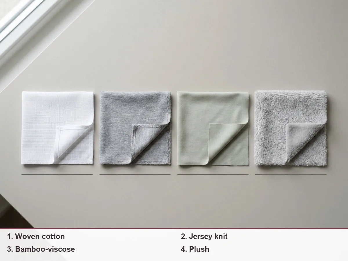 Four fabric swatches side by side: smooth woven cotton, stretchy jersey knit, slinky viscose knit and fuzzy plush