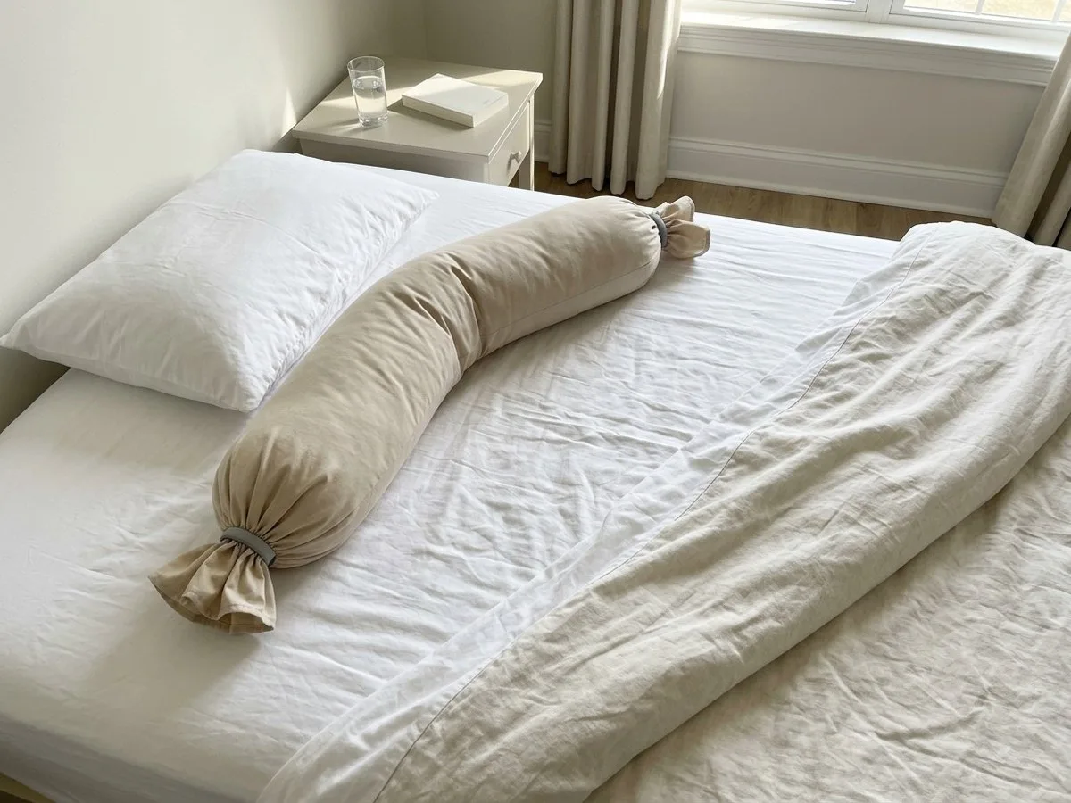Pregnant woman resting on her side in a sunny bedroom with a long beige pillow tucked under her bump and between her knees