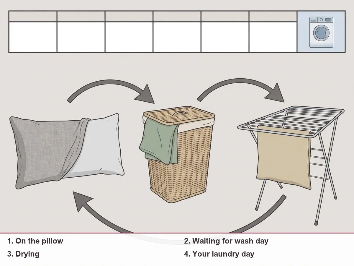Illustration of a weekly calendar strip with a washing machine icon on one day, and three pillow covers moving through stages: on the pillow, in the hamper, drying on a rack