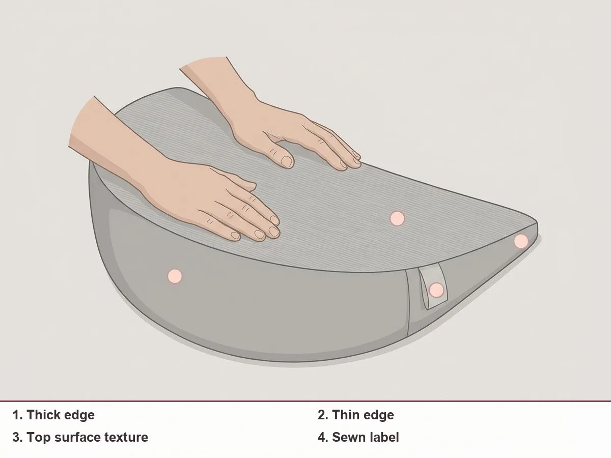 Illustration of hands feeling a wedge pillow, with highlighted points on the thick edge, the thin edge, the top surface and a sewn label