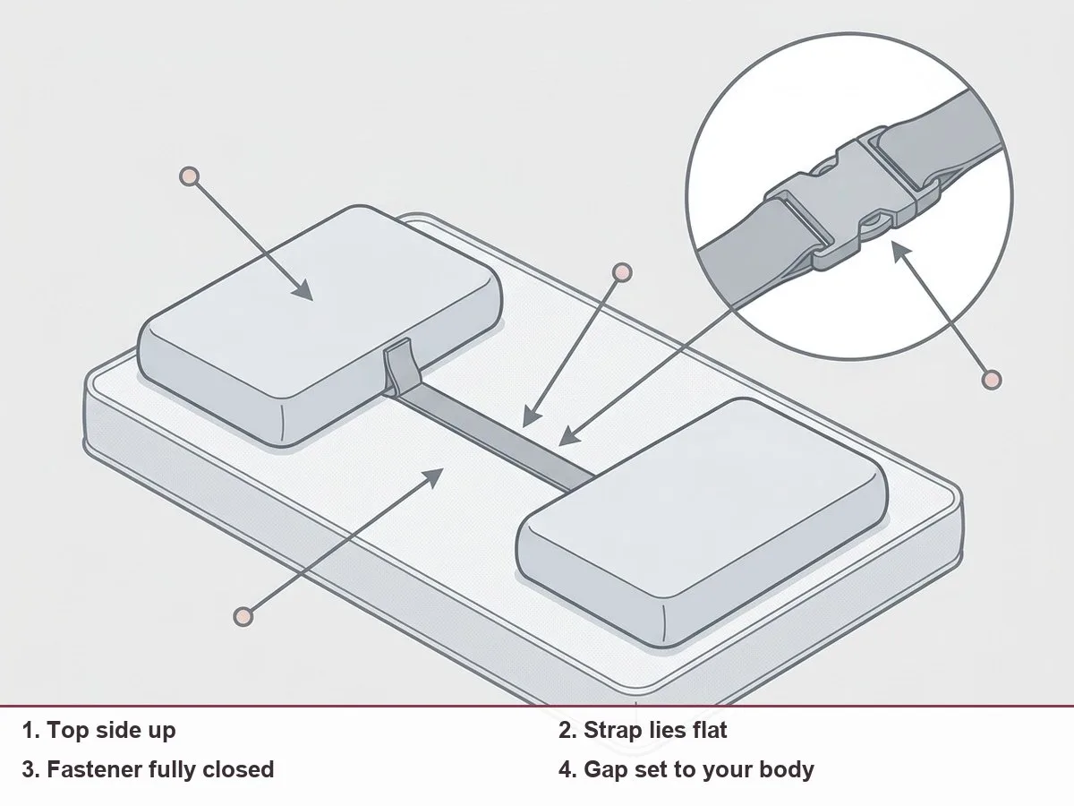 Illustration of two pillow cushions joined by a flat strap, with arrows showing the top side, the strap lying flat and the fastener fully closed