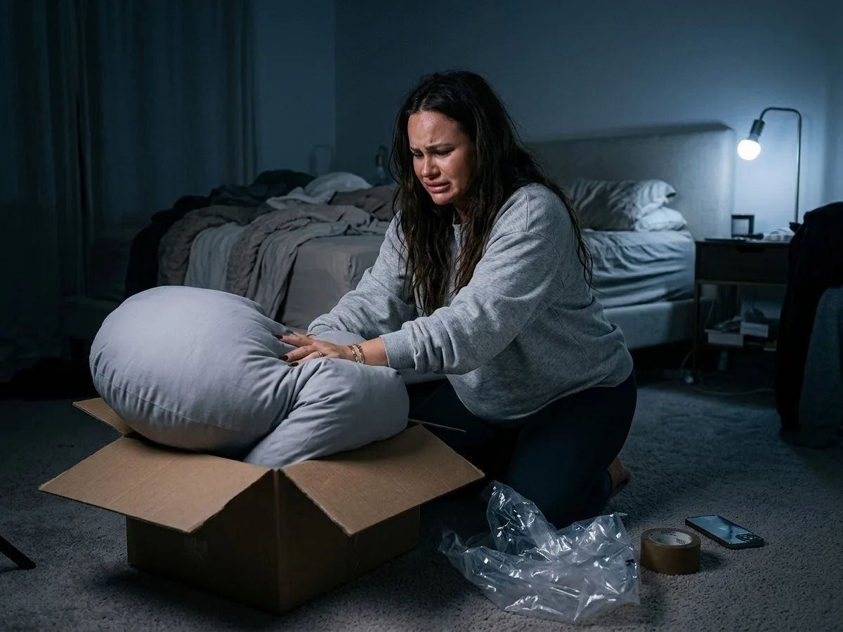 Pregnant woman kneeling on the bedroom floor at night, failing to fit an expanded pregnancy pillow back into a small shipping box