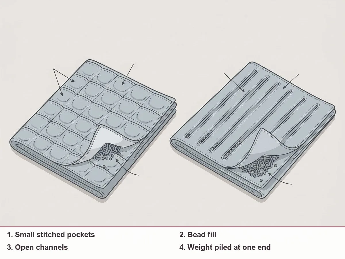 Cutaway illustration of a weighted blanket showing small stitched pockets filled with beads, next to a version with long open channels where the beads have slid to one end
