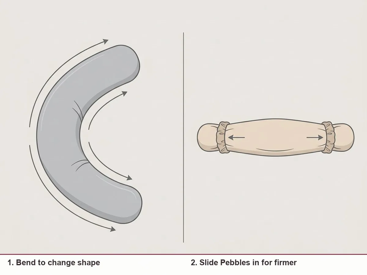 Illustration comparing two long bead-filled pregnancy pillows: one bent into a C shape with arrows showing bending, the other with two small rings at its ends and arrows showing them sliding inward