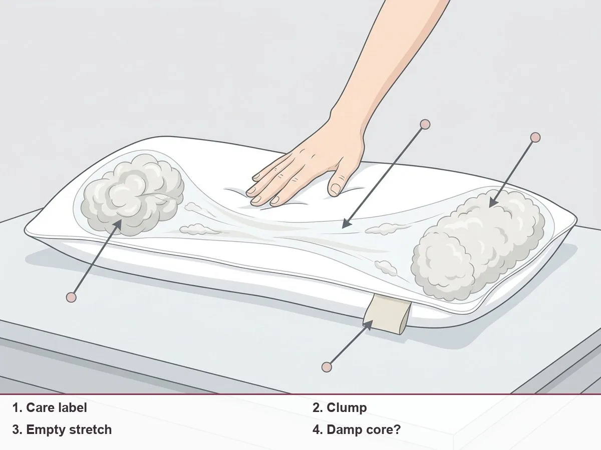 Illustration of a long pillow laid flat with a hand pressing along it, showing a clump at one end and an empty stretch in the middle