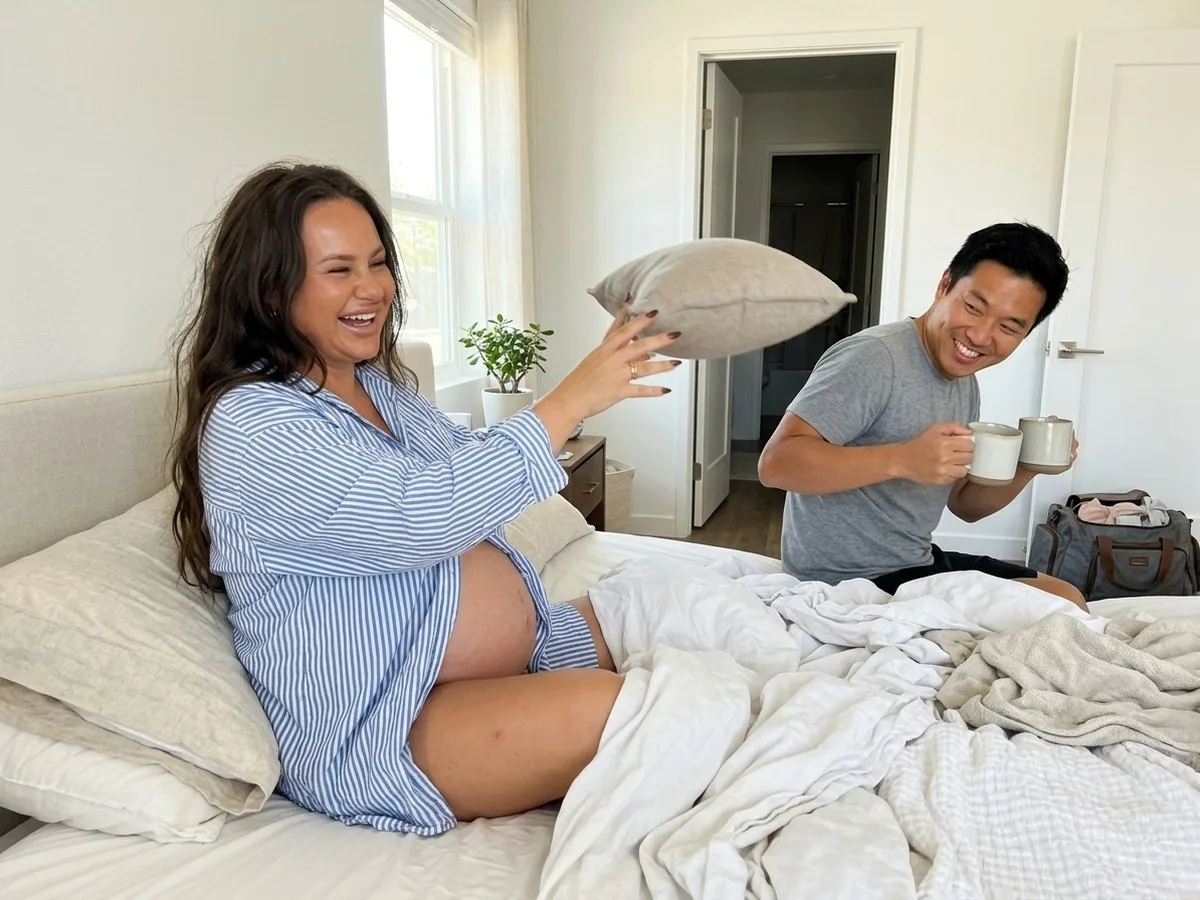 Sunny morning, heavily pregnant woman laughing in bed while her partner sits on the edge of the bed holding a coffee
