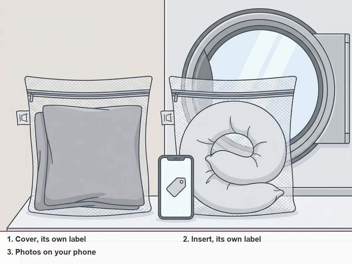 Illustration of a pillow cover and a pillow insert in two separate laundry bags, each with its own care tag and a phone showing a photo of the tag
