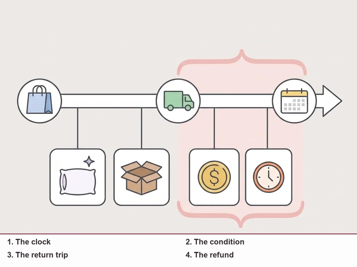 Illustration of a timeline from order to delivery to return deadline, with icons for pillow condition, return box and refund