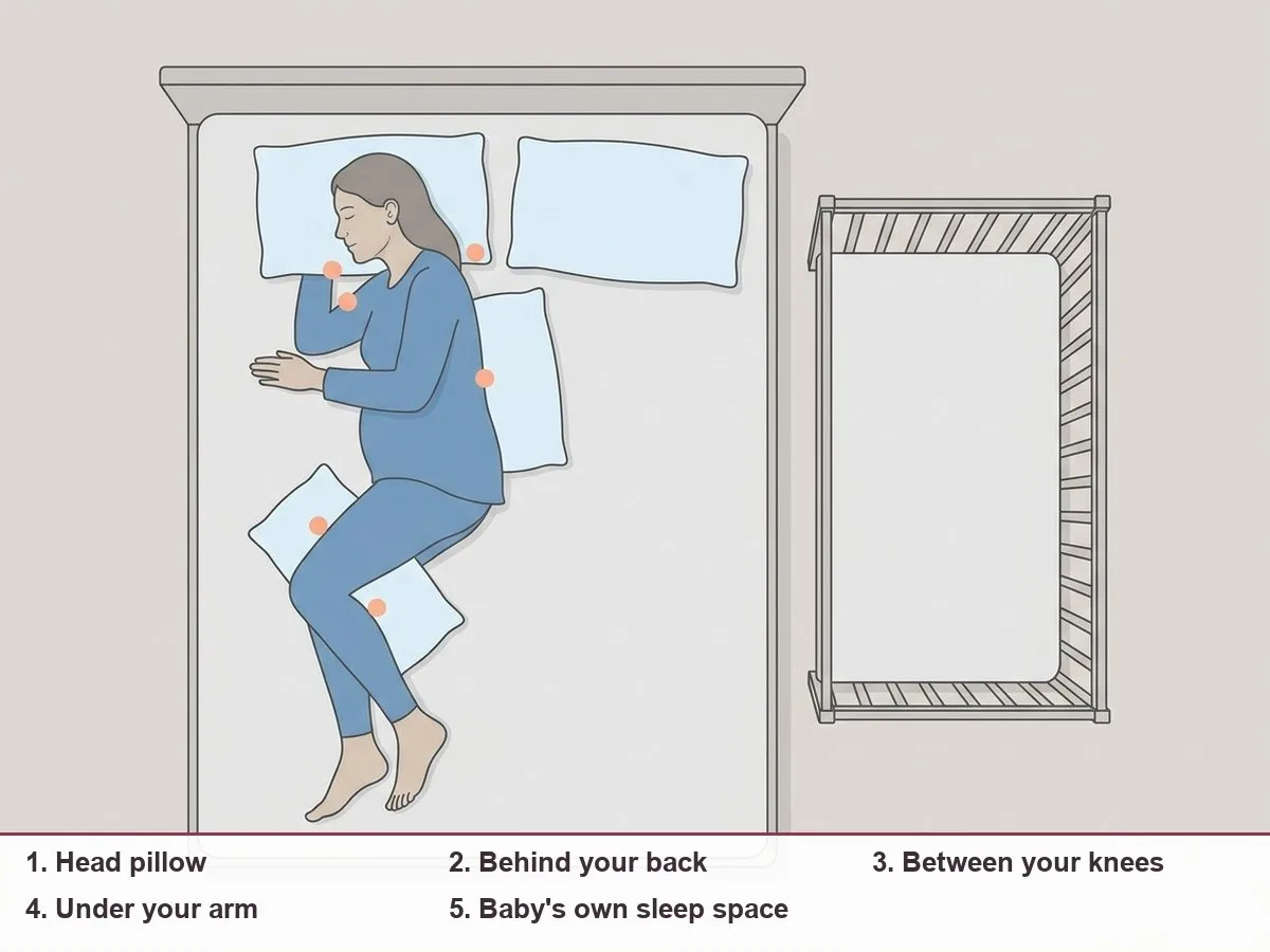 Top-down illustration of a bed with a woman lying on her side and plain pillow shapes behind her back, between her knees and under her arm, with a separate empty baby crib beside the bed