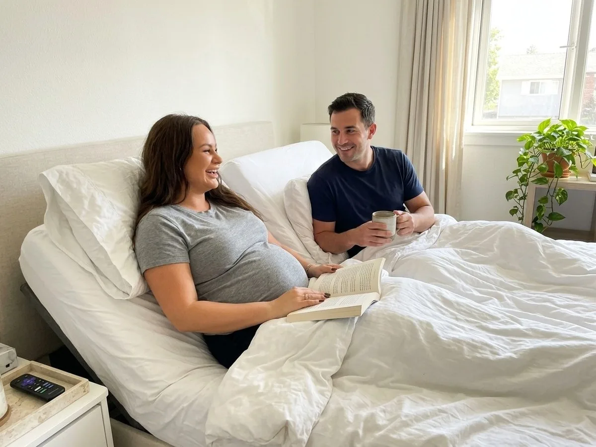 Pregnant woman reading in bed with the head of an adjustable bed raised, smiling, her partner beside her with a mug