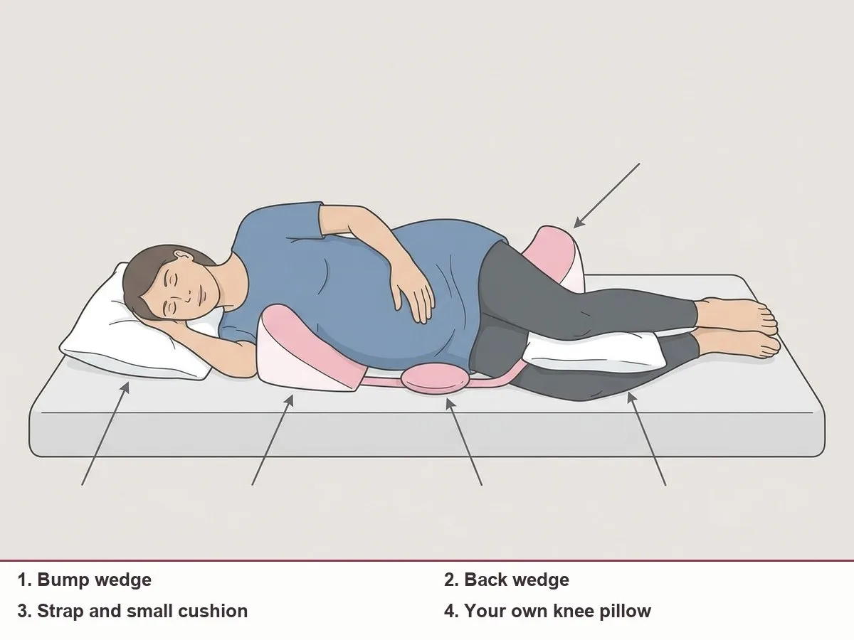 Diagram of a side-lying pregnant woman with one wedge under the bump, one behind the lower back, a strap under her and a regular pillow between the knees