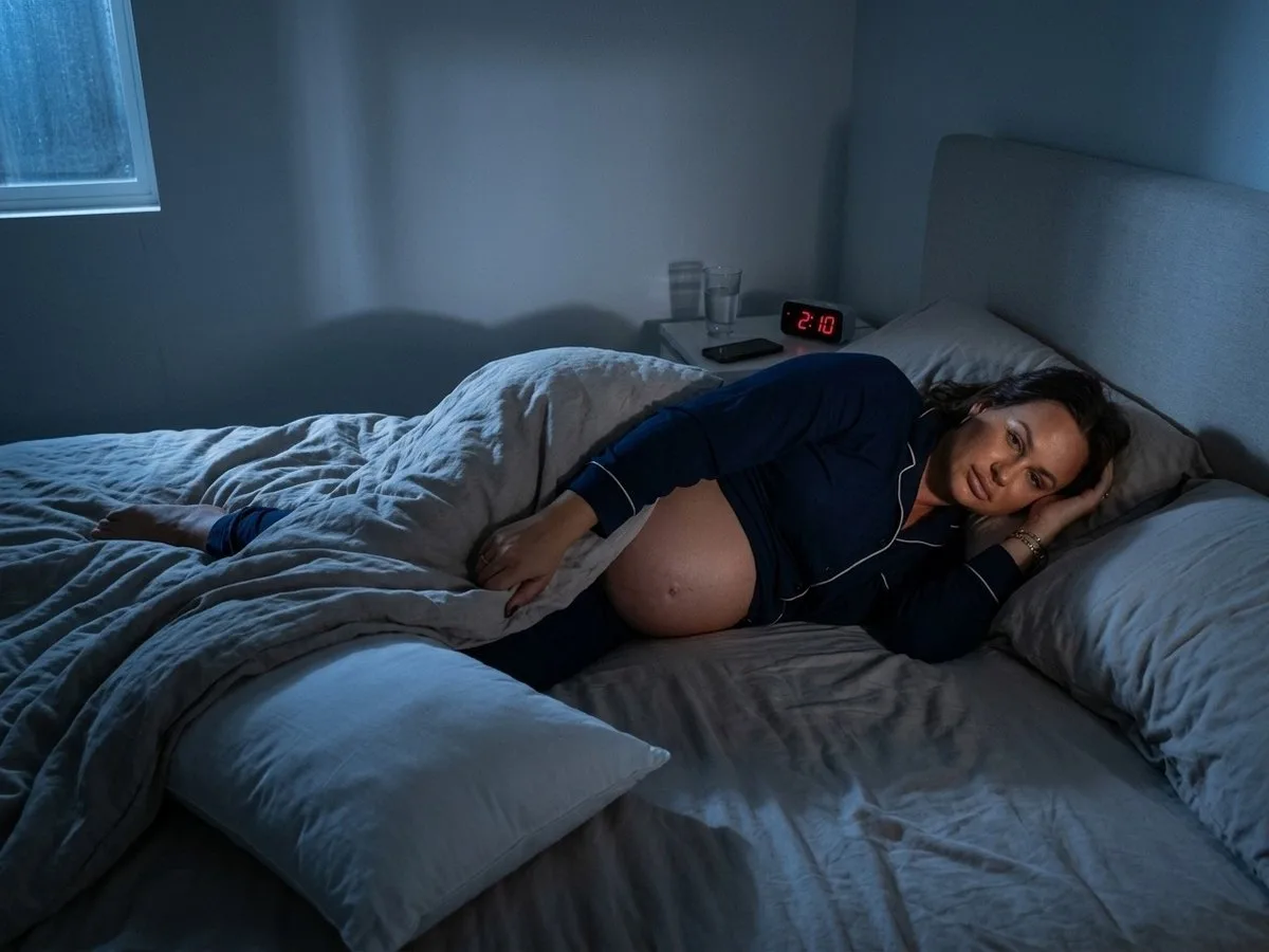 Pregnant woman awake at night reaching down under the duvet for a pillow that slipped from between her knees