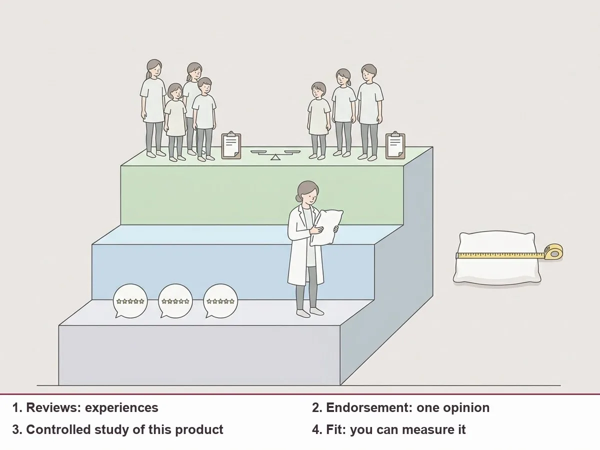 Illustration of a three-step ladder: customer review speech bubbles on the bottom step, a single expert figure in the middle, and a group study with two compared groups on the top step, with a tape measure to one side