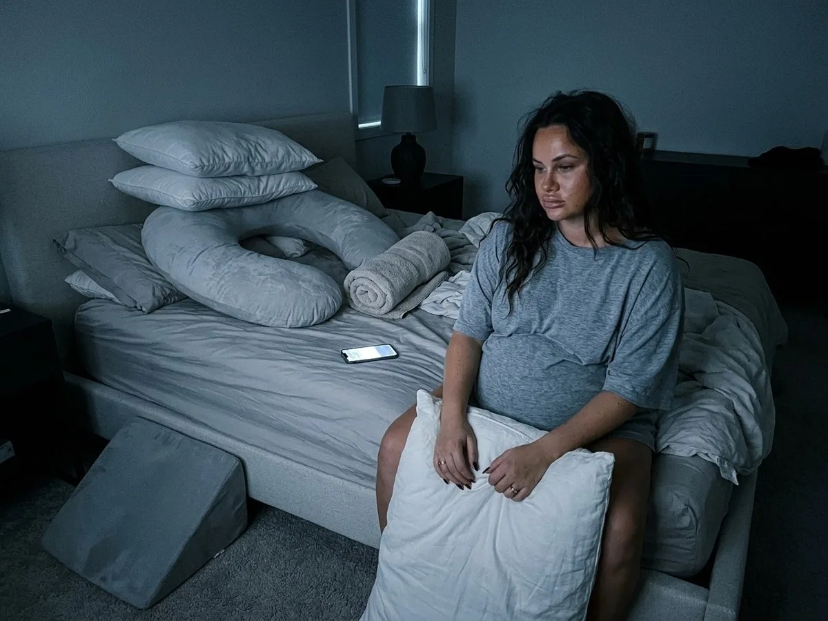 Night, pregnant woman sitting up in bed surrounded by a U pillow, two extra regular pillows stacked on top and a small wedge on the floor