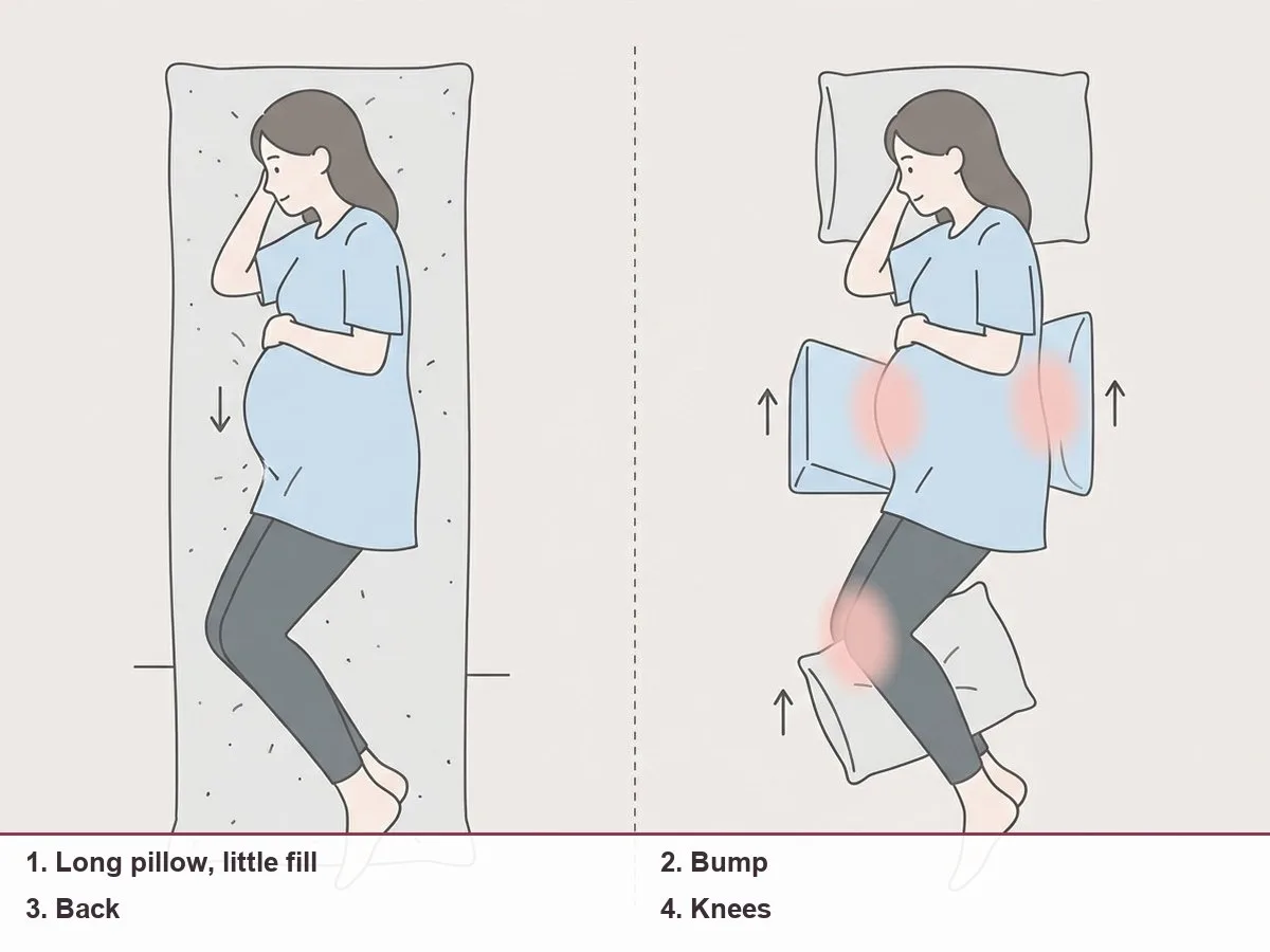 Illustration comparing a long thin pillow and two small firm wedges, with a pregnant side sleeper and three support zones marked