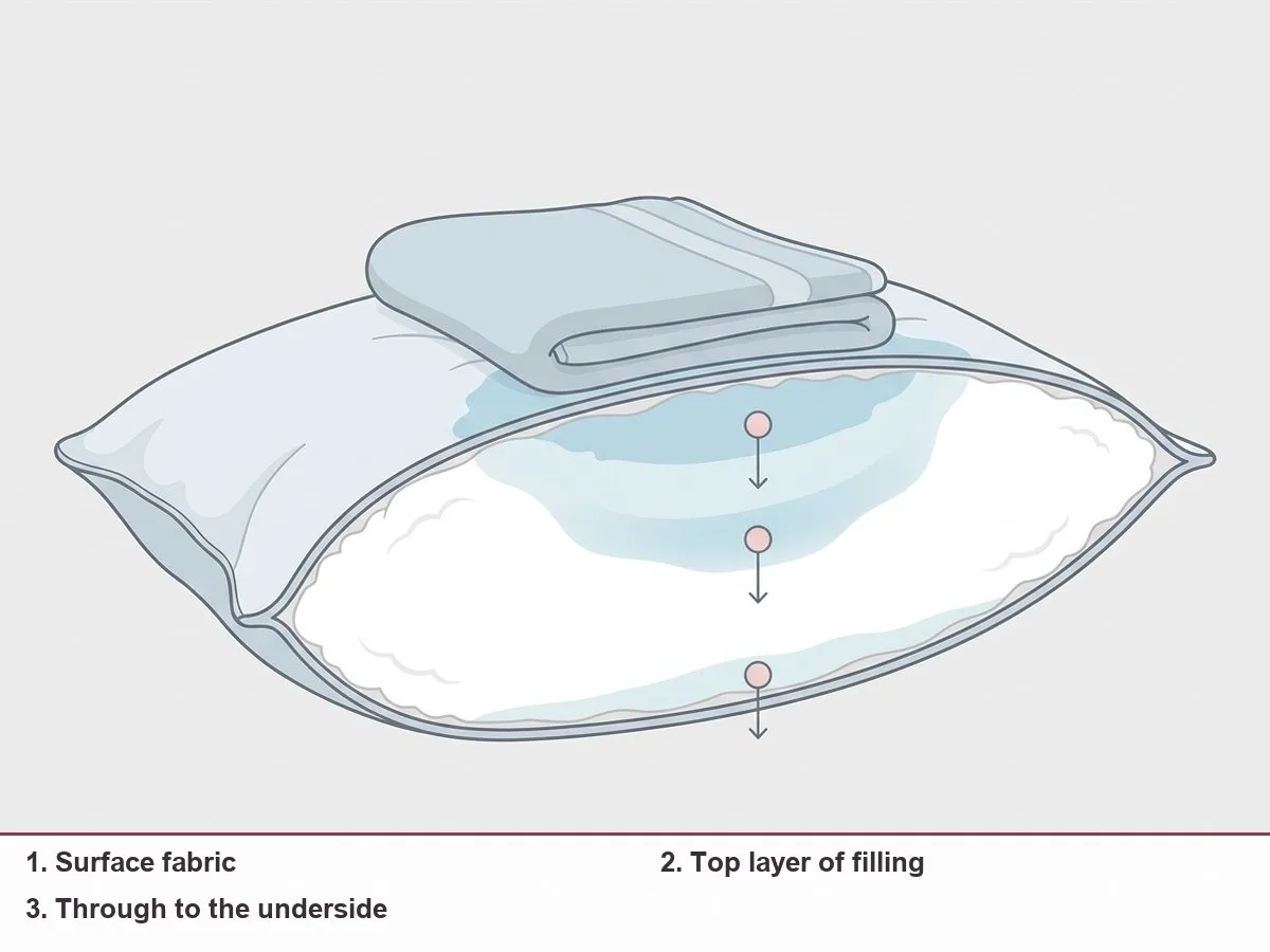 Cross-section illustration of a pillow insert showing a spill at three depths: surface fabric, top layer of filling, and right through to the underside