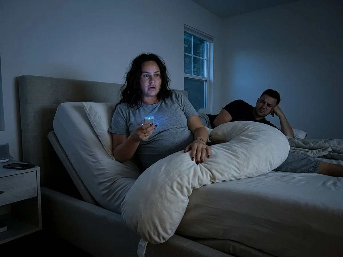 Pregnant woman at night on an adjustable bed with the head section half raised, a U pillow folded at the bend and one end slipping down the side