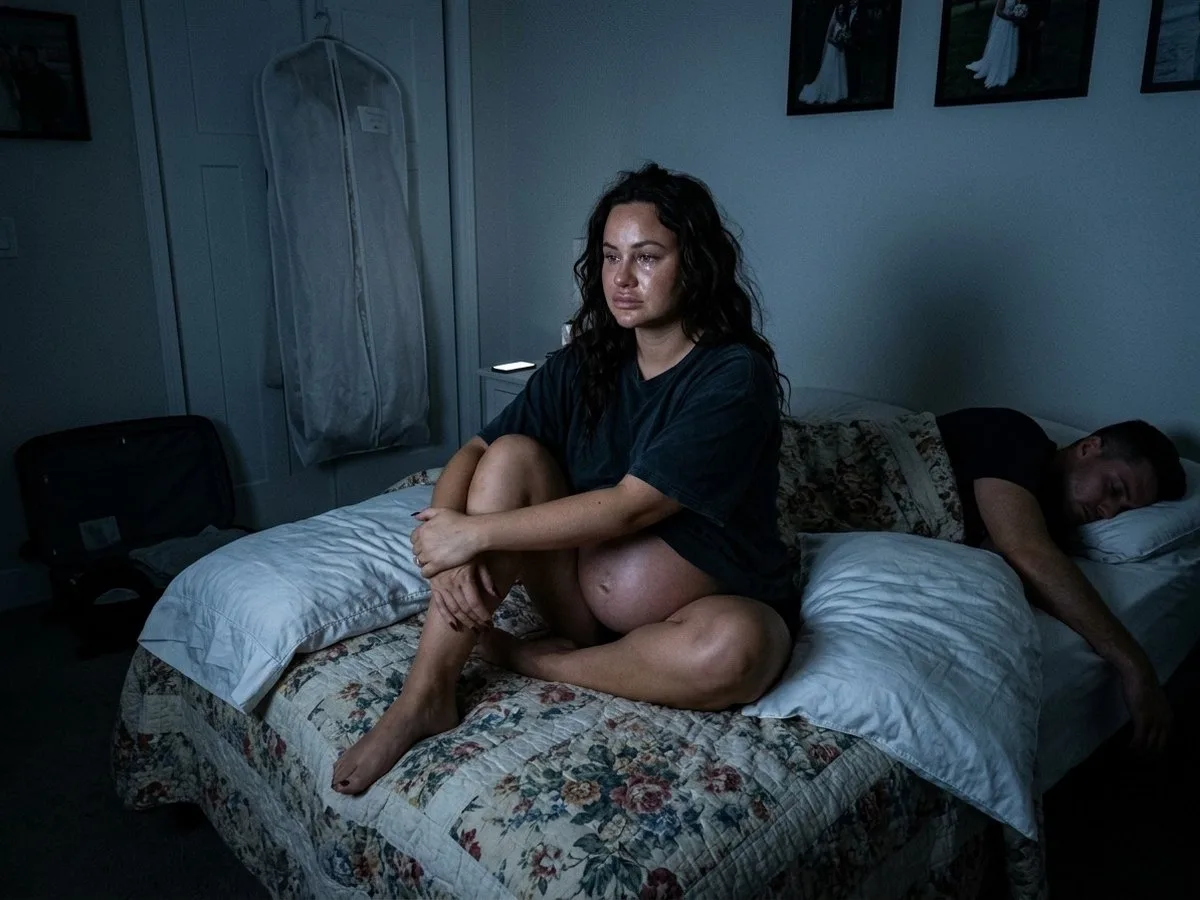 Pregnant woman sitting up awake at night in a small guest bed with two flat pillows, her partner asleep on the edge