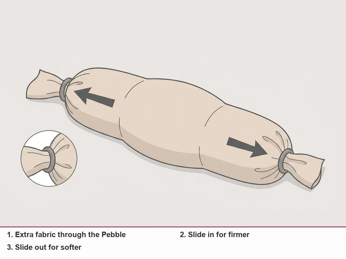 Illustration of a long bead-filled pillow with fabric gathered through a small silicone ring at each end, arrows showing the rings sliding toward the middle