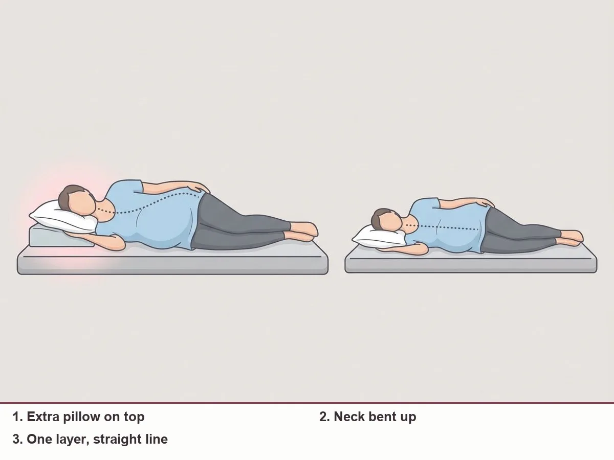 Side-view illustration of a woman lying on her side on stacked layers: mattress, body section, head section and an extra head pillow, with a dotted spine line bending up at the neck