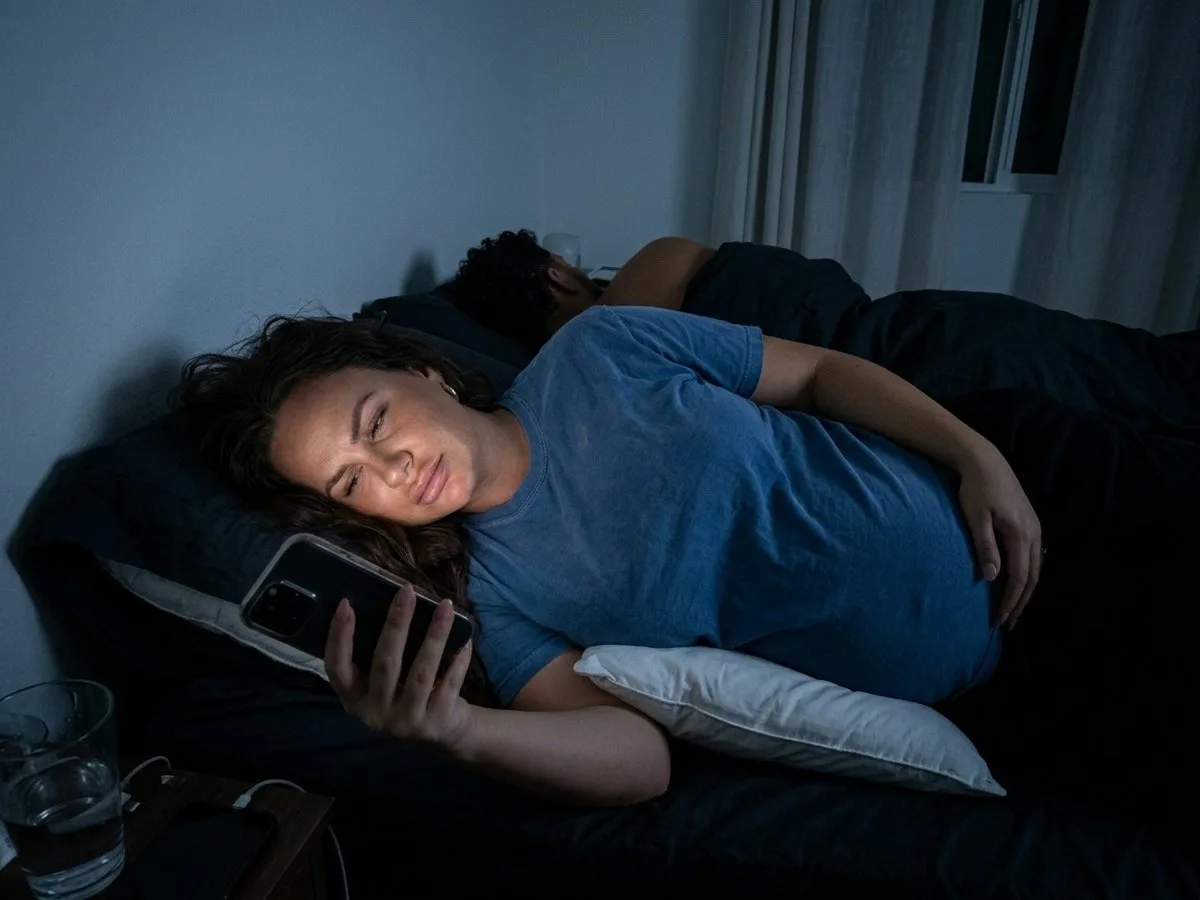 Pregnant woman lying on her side at night reading her phone, a regular pillow squashed under her bump, partner asleep with his back to her