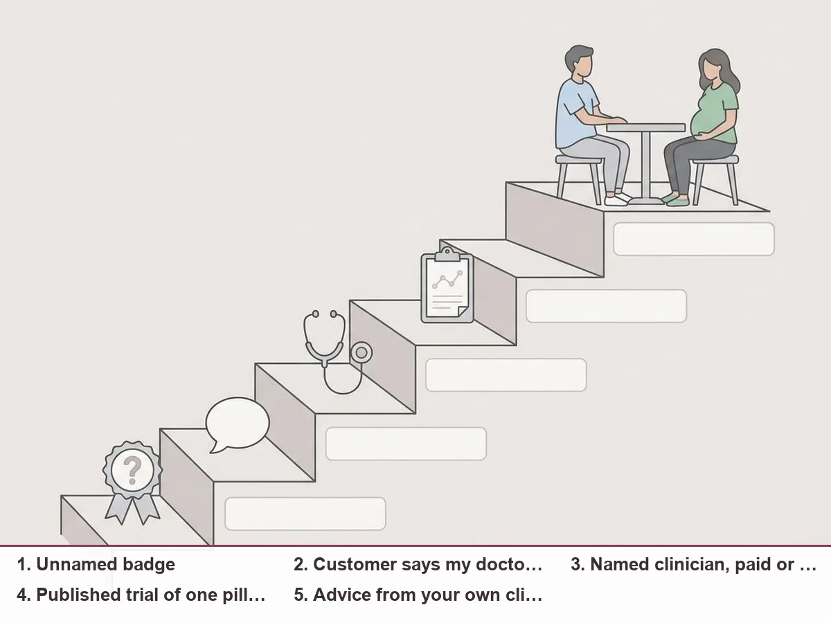 Illustration of an evidence ladder: steps from an unnamed badge at the bottom to personal clinician advice and published trials at the top