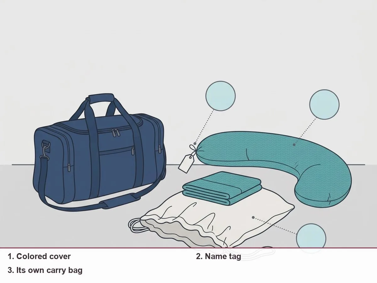 Illustration of a packed hospital bag next to a long pregnancy pillow in a colored cover with a name tag and a large carry bag
