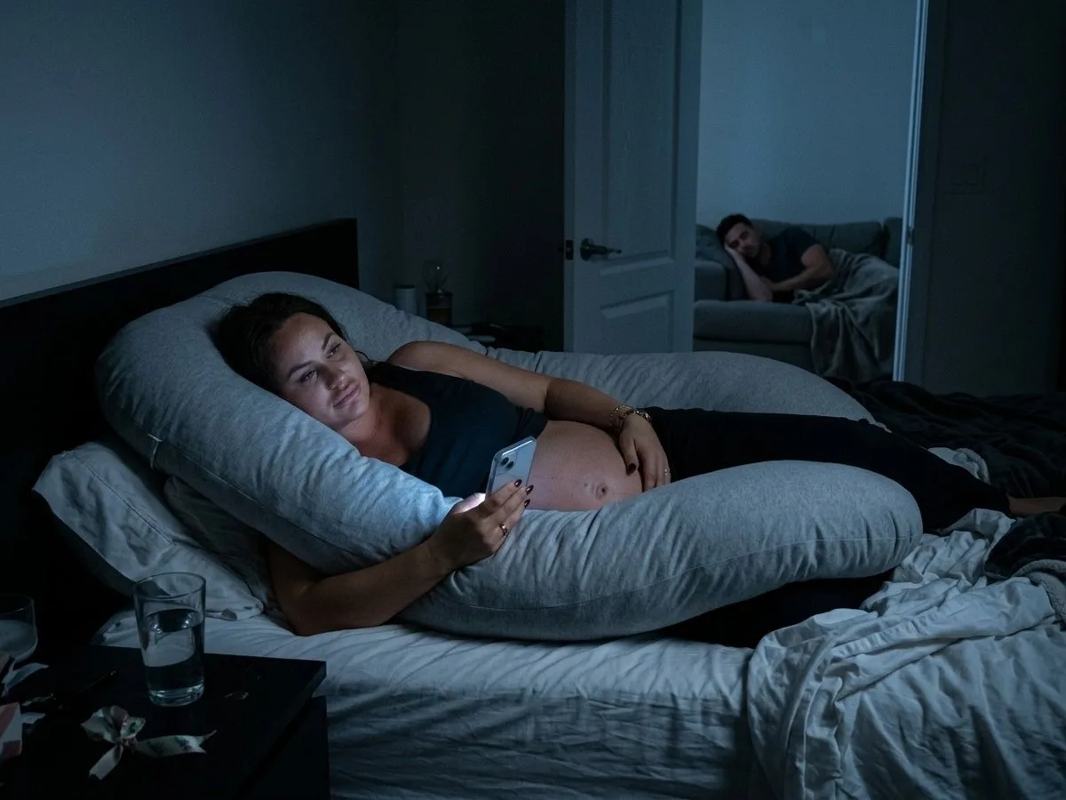 Night, a pregnant woman alone in a queen bed filled by a large U pillow while her partner sleeps on the couch outside the door