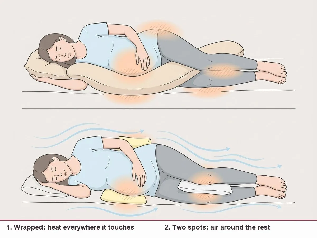 Illustration comparing a side-lying pregnant woman wrapped in a full-body pillow, with warm zones over most of her body, to the same woman with two small supports and warm zones only at two spots