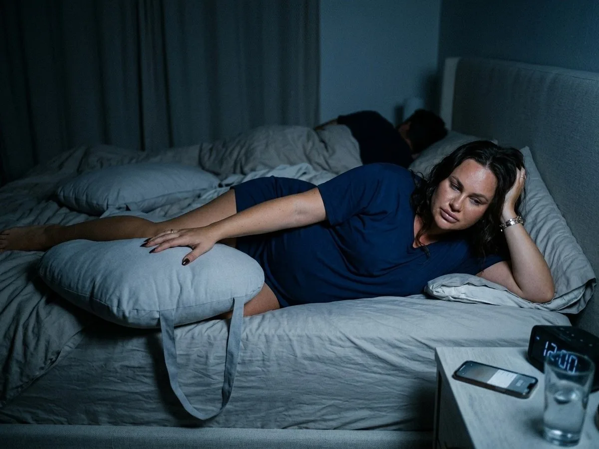 Pregnant woman awake in bed at night between two halves of a pregnancy pillow that have drifted apart