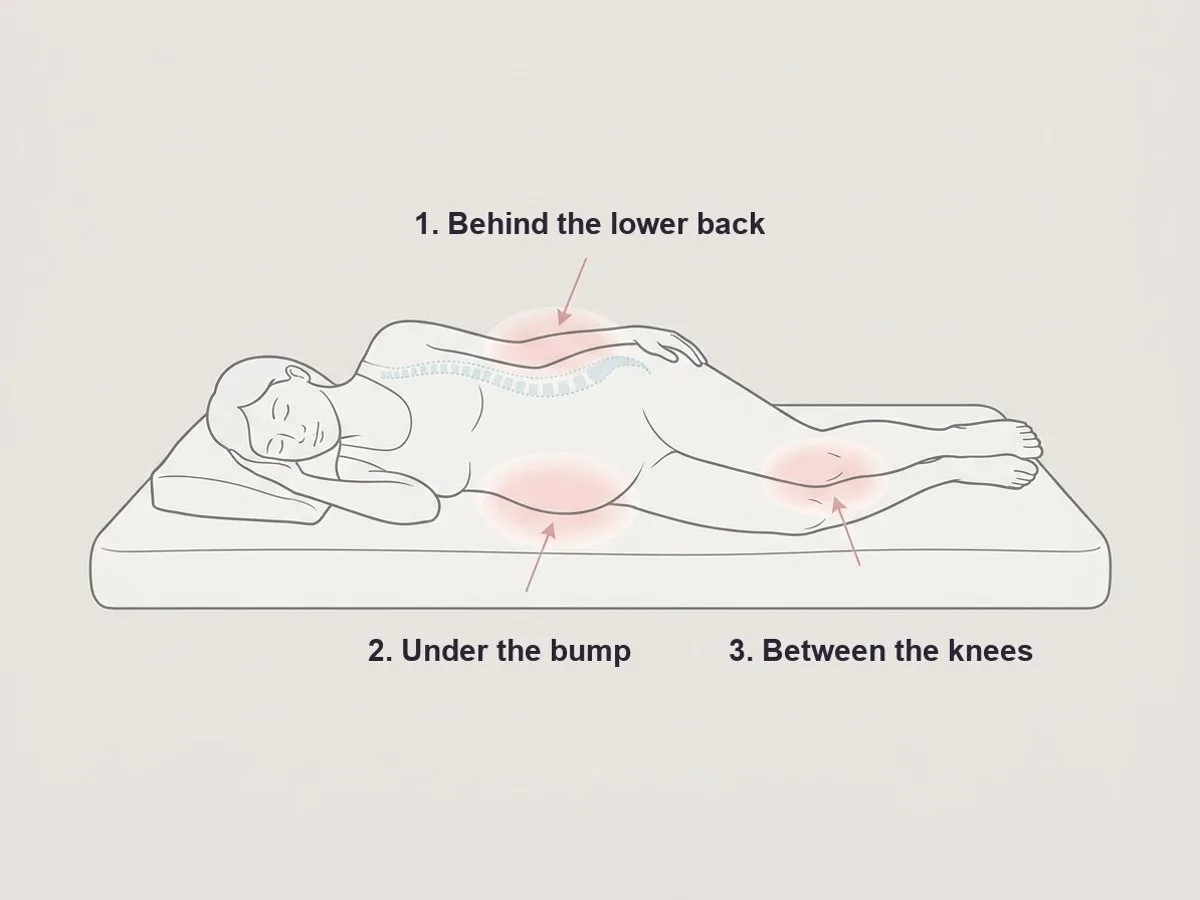 Illustration of a side-lying pregnant woman with three support points marked: under the bump, behind the lower back, between the knees