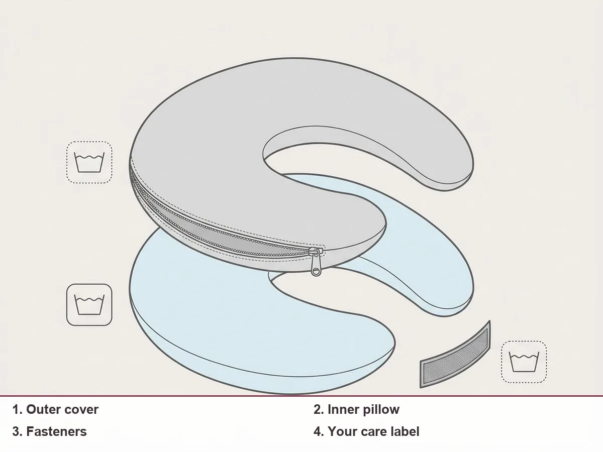 Diagram of a pregnancy pillow taken apart into outer cover, inner pillow and fasteners, each with a care symbol slot