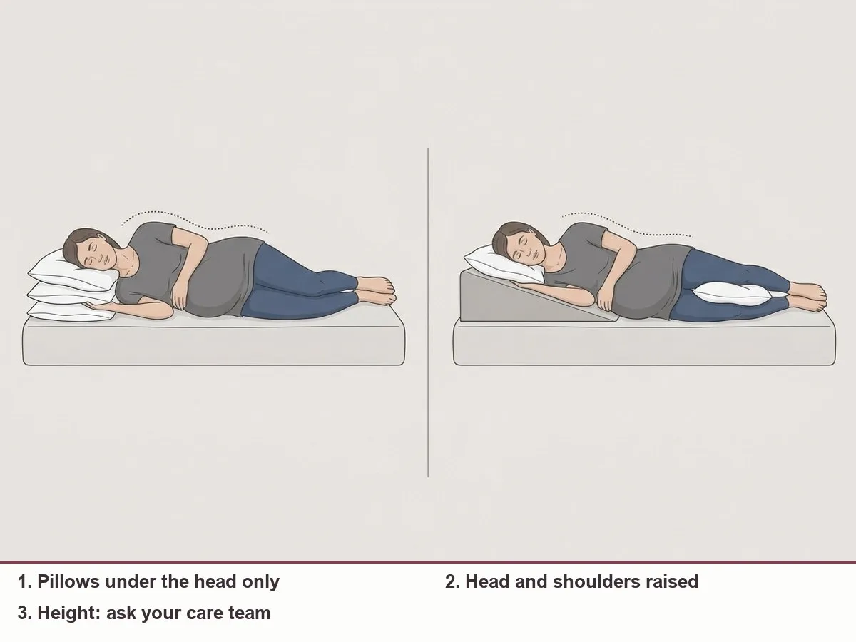 Two side view illustrations of a pregnant woman in bed: on the left only her head is raised by stacked pillows, on the right her head and shoulders rest on a gentle slope