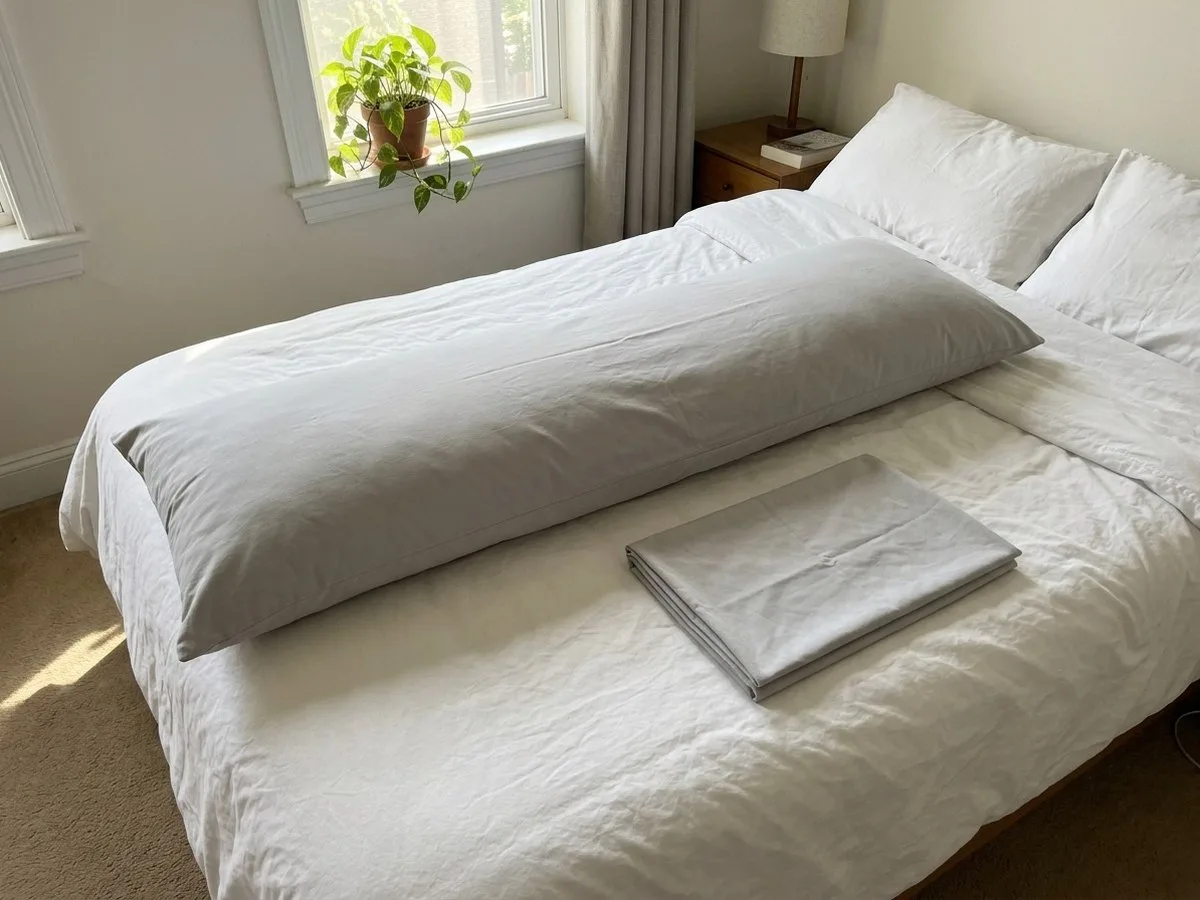 Pregnant woman kneeling on her bed in morning daylight, shaking a long grey body pillow so the filling settles evenly, smiling
