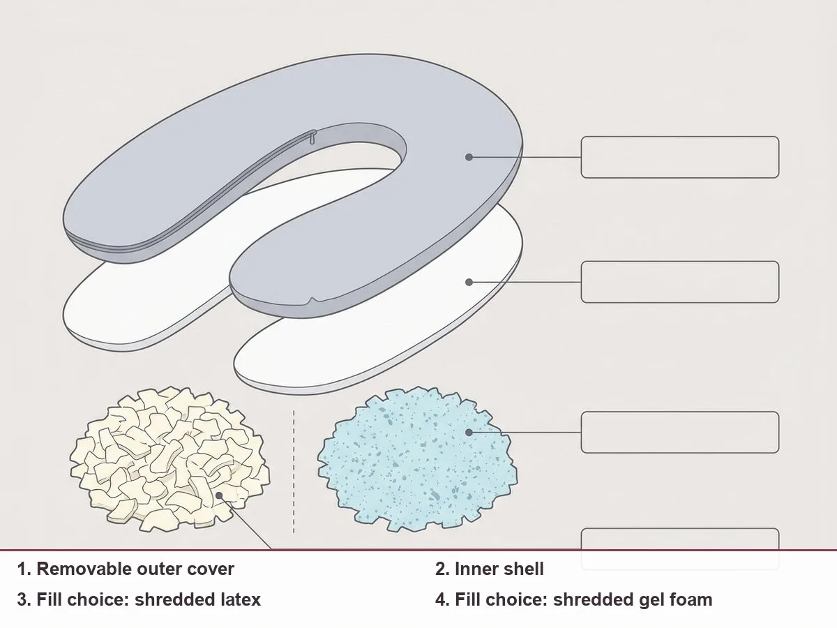 Exploded diagram of a U-shaped body pillow showing outer cover, inner shell and shredded fill, with two fill choices side by side