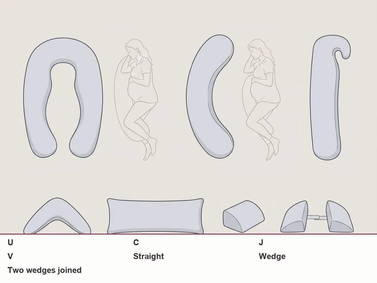 Top-down illustration of seven pregnancy pillow outlines side by side: U, C, J, V, straight, single wedge and two joined wedges