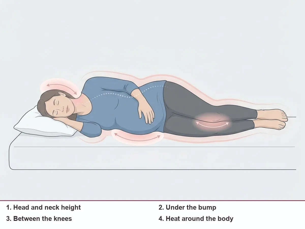 Illustration of a side-lying pregnant woman with four zones highlighted: head and neck, under the bump, between the knees and around the body for heat