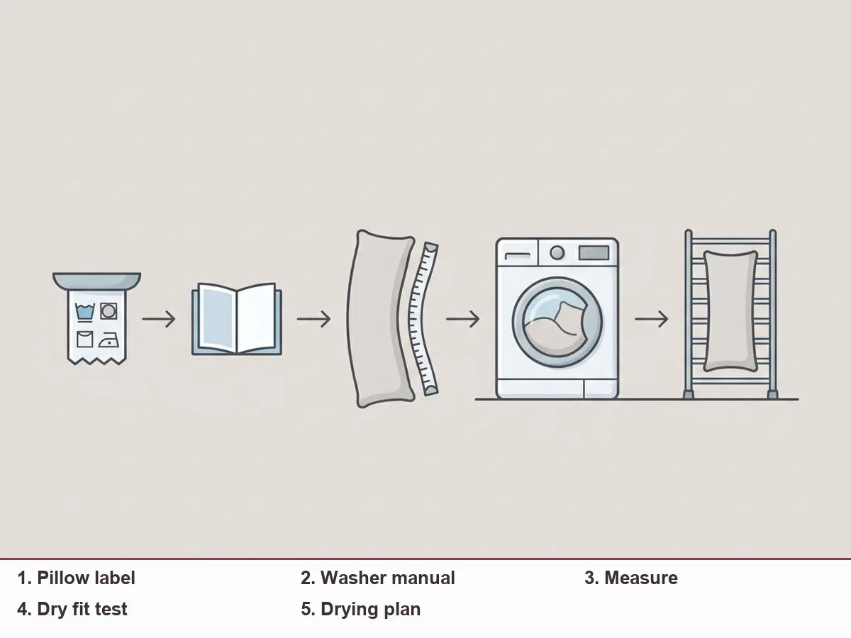Illustration of a care label, a washing machine with a pillow loosely inside, a tape measure and a drying rack linked by arrows
