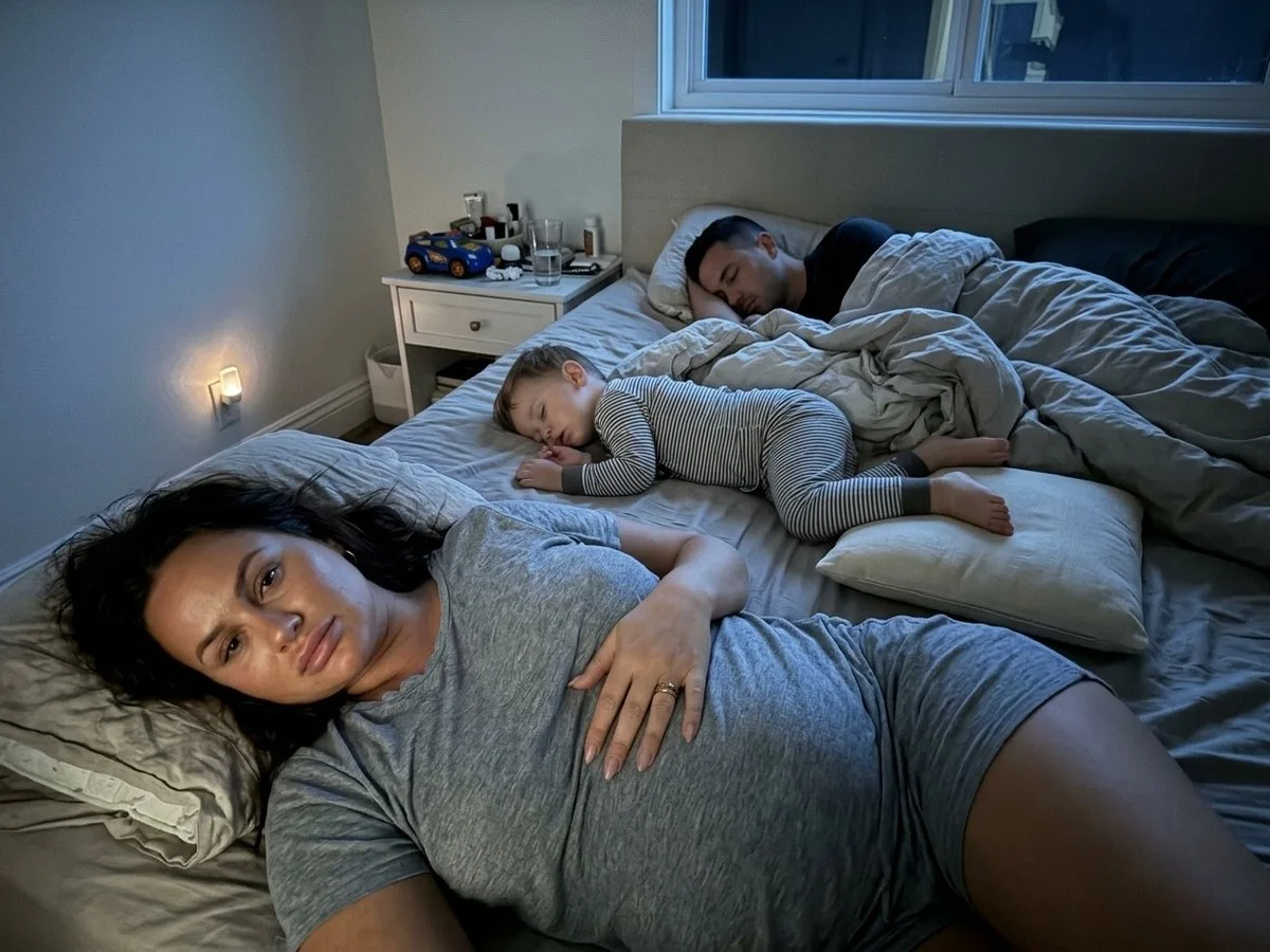 Night, pregnant woman awake on the edge of a bed while her toddler sleeps sprawled across the middle with his feet on her pregnancy pillow