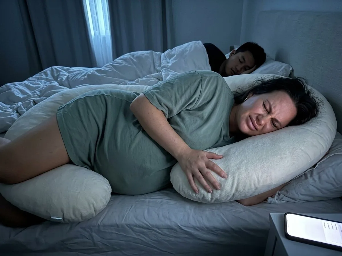 Night, pregnant woman lying on her side in bed wincing as the thick end of a C-shaped pregnancy pillow presses against her side at rib level