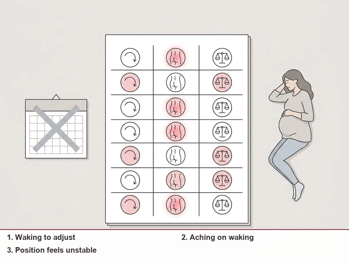 Illustration comparing a calendar with week numbers crossed out and a simple weekly sleep diary with three comfort cues marked