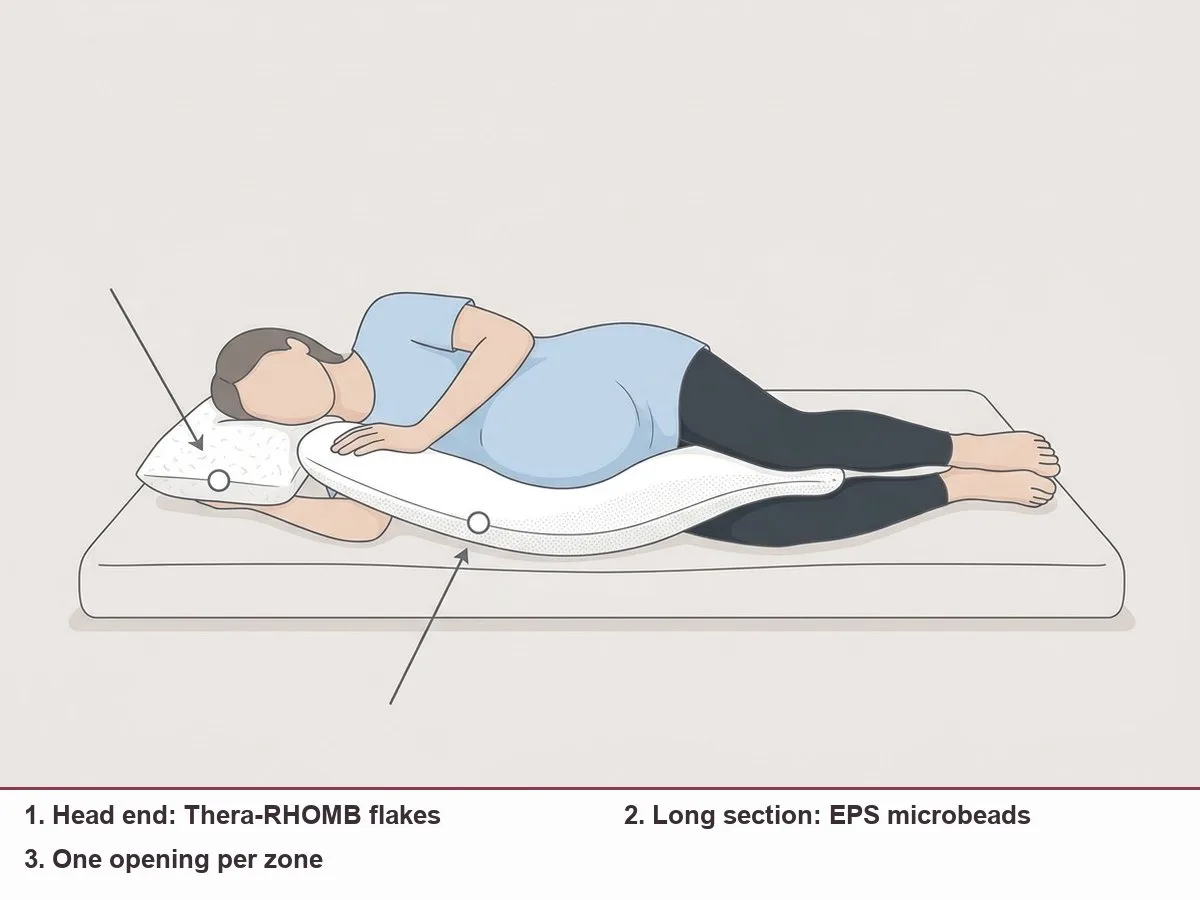 Diagram of a side-lying pregnant woman on a 7-shaped pillow with the head zone and long microbead section marked