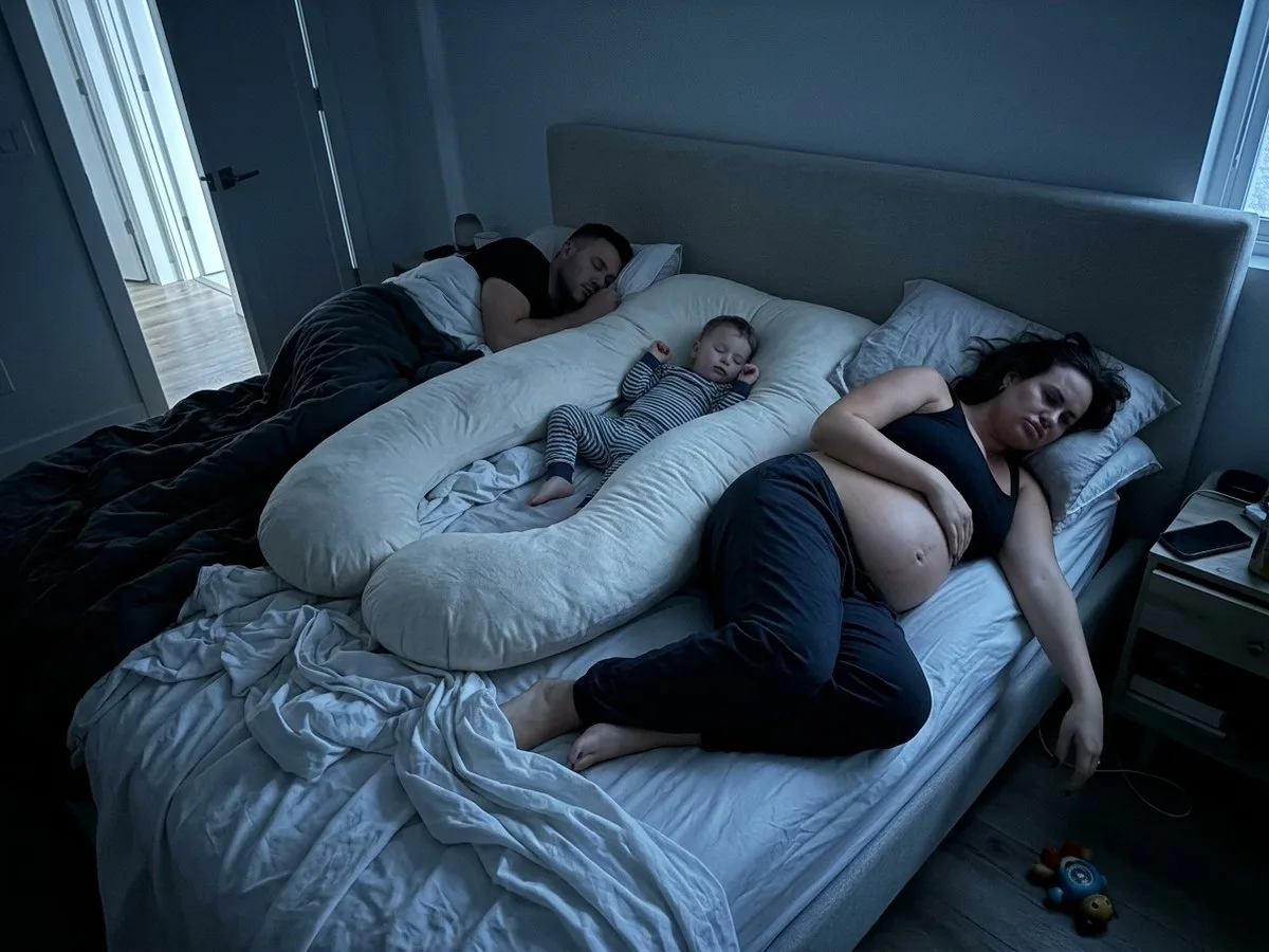 Night, top view of a queen bed: a large U-shaped pregnancy pillow fills the middle, the pregnant mother is squeezed onto the edge and her toddler sleeps by his father