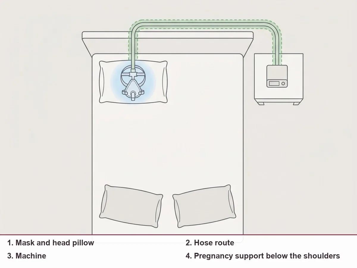 Top-view illustration of a woman lying on her side in bed with a CPAP mask, the hose routed over the headboard, and pregnancy support placed below her shoulders