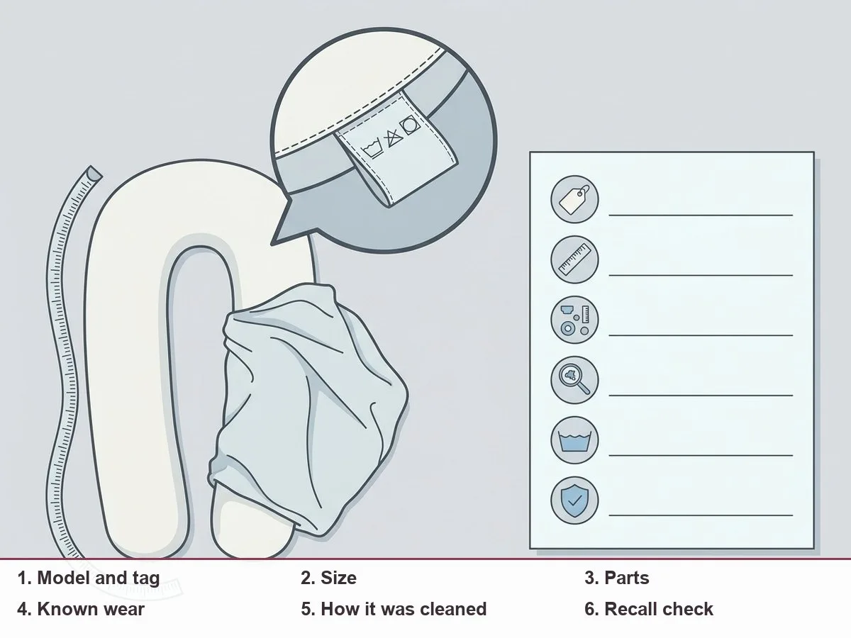 Illustration of an honest transfer note next to a used pregnancy pillow, its parts, care tag and a measuring tape